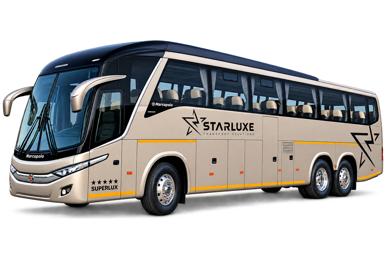Beige luxury coach with StarLux Transport Solutions branding and star logo, beige interior visible through windows, and a yellow side stripe.