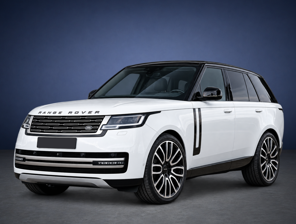 White Range Rover SUV shown from the front-right, against a dark blue studio backdrop.