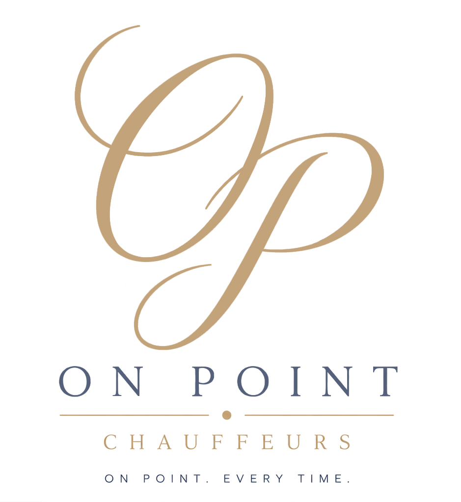 Logo for On Point Chauffeurs: gold script initials 'OP' above the words 'ON POINT' with decorative lines, 'CHAUFFEURS' and the tagline 'ON POINT, EVERY TIME'