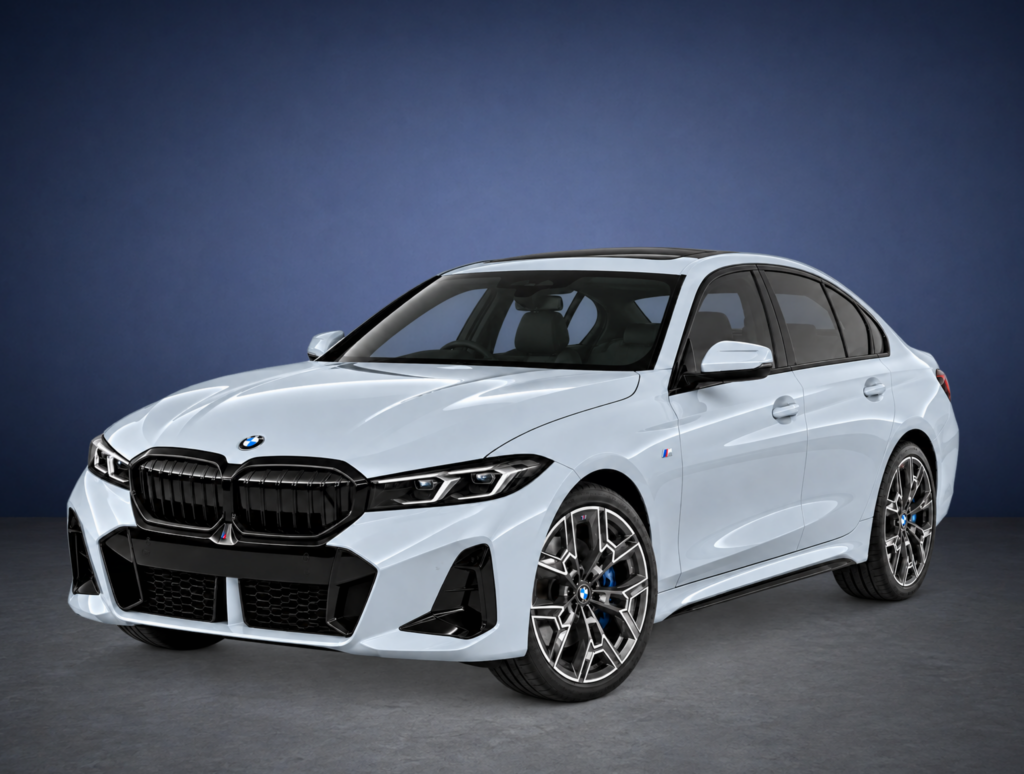 BMW 520D Msport | On Point Chauffeurs | On Point Chauffeurs Front three-quarter view of a white BMW SUV showing the grille, headlight, and large alloy wheels against a dark blue backdrop.